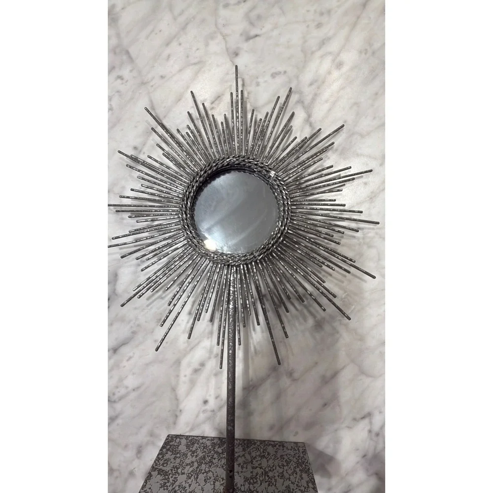Silver Sunburst Pedestal Mirror Tabletop Decor Mid Century Modern Style